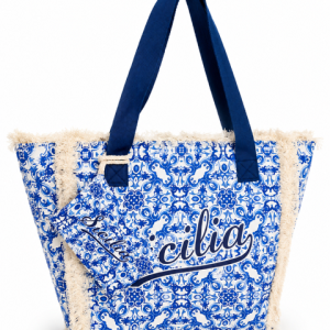 Borsa Siciliana fantasia maioliche azzurre e manici blu 52x40 + portamonete 18x12