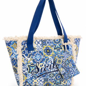 Borsa Siciliana fantasia maioliche blu e gialli e manici blu 52x40 + portamonete 18x12