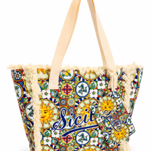Borsa Siciliana fantasie maioliche e soli gialli e manici beige 52x40 + portamonete 18x12