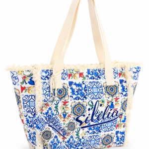 Borsa Siciliana fantasia maioliche azzurre e gialle con manici beige 52x40 + portamonete 18x12