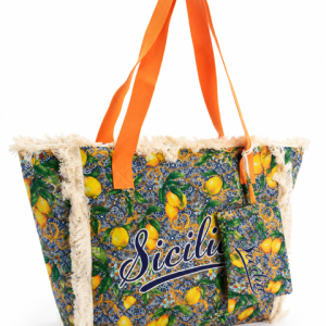 Borsa Siciliana Fantasia limoni e manici arancio 52x40 + portamonete 18x12